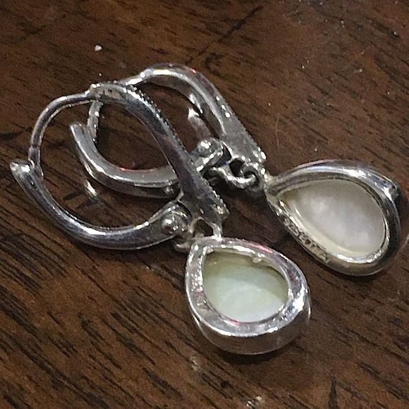 Vintage Sterling Silver Marcasite Mother of Pearl Drop Earrings - Picture 7 of 15